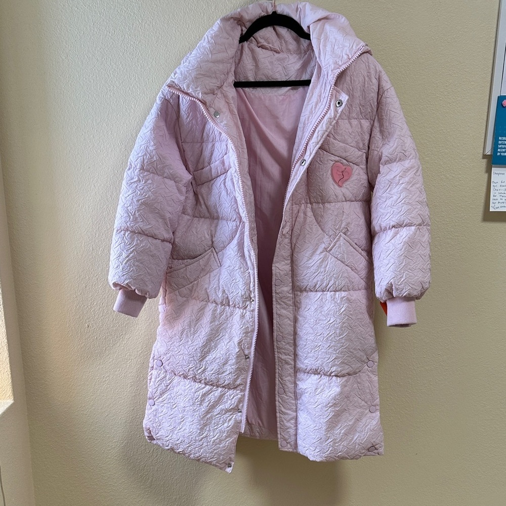 Ledin Pastel Pink Quilted Long Coat with Heart Detail Size Small